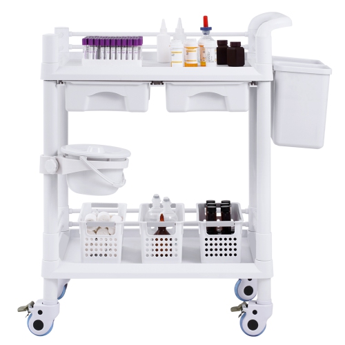 VEVOR 2 Tiers Lab Carts, Lab Utility Cart with 2 Trays, 2 Drawers & 4 Silent Wheels, Mobile Medical Cart with PP Material, Lab Rolling Cart with 3