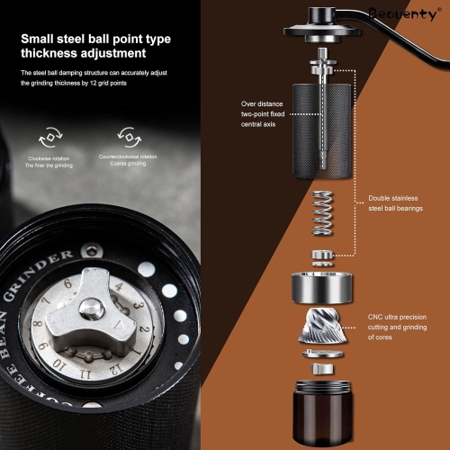 Moulin à café manuel, positionnement à double roulement, moulin à meule conique portatif pour le camping, déplacement avec manivelle