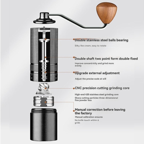 Moulin à café manuel, capacité de 28 g, acier inoxydable CNC, meules coniques, réglages externes réglables 6 étoiles