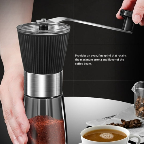 Moulin à café manuel en verre en acier inoxydable, mouture fine uniforme et polyvalente, moulin à café à manivelle à la main, idéal pour les voyages
