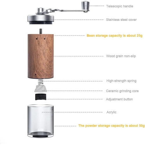 Moulin à café manuel Moulin à café réglable en acier inoxydable pour les amateurs de café en voyage Moulin à épices Effet de bois