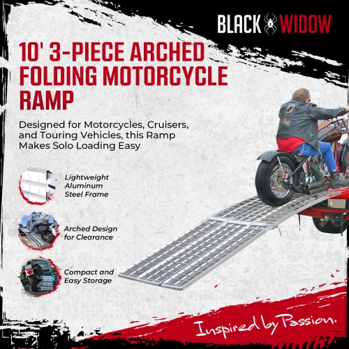 Black Widow 10’ Aluminum Folding Motorcycle Ramp, Arched 3 Piece Design, Silver
