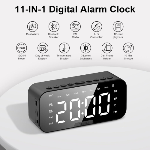 Réveille-matin avec haut-parleur Bluetooth – Réveille-matin numérique Bluetooth avec deux alarmes, 3 niveaux de luminosité, LED/température/mode