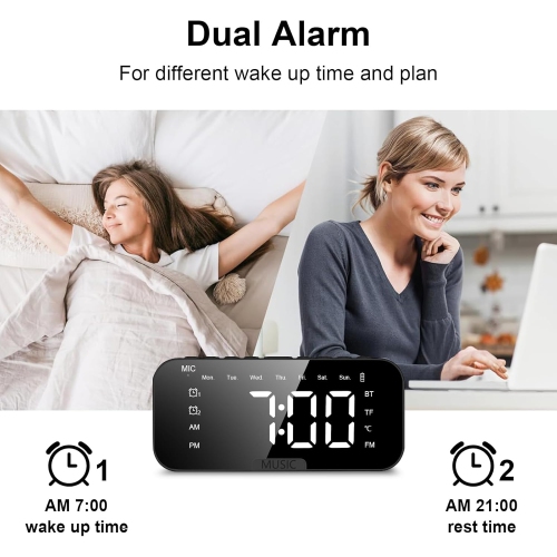 Réveille-matin avec haut-parleur Bluetooth – Réveille-matin numérique Bluetooth avec deux alarmes, 3 niveaux de luminosité, LED/température/mode