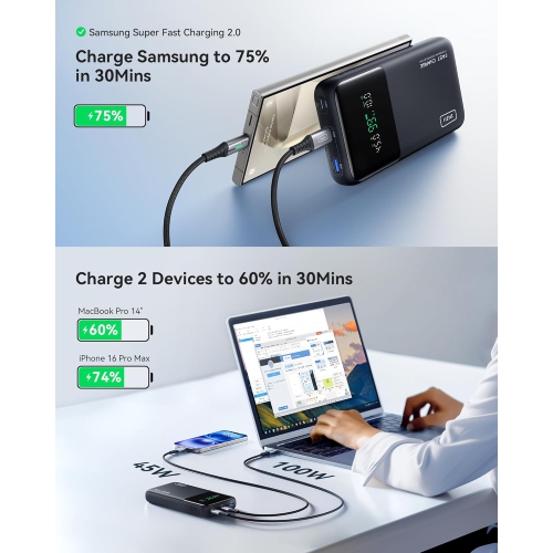 Chargeur portable 140 W d'INIU - Chargeur portatif 25000 mAh, USB-C, écran numérique, recharge rapide pour portable, iPhone, MacBook et