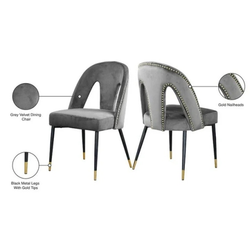 Cleo Grey Velvet Cleo Dining Chairs, Gold Nailhead Trim, Set of 2, 50.8 x 47 x 87.6 cm