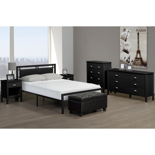 QUEENSONS Modern Platform Single Bed with Metal Frame and Leatherette Headboard, 99 cm x 191 cm, Black