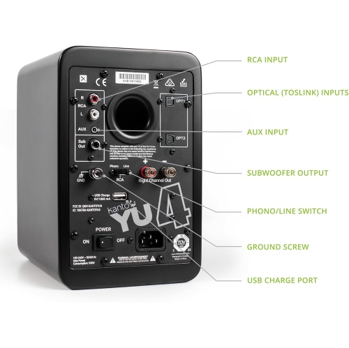 Open Box - Kanto YU4 140W Powered Speakers with 4” Woofer, Bluetooth & Phono Preamp, Auto Standby & Startup, Remote Included