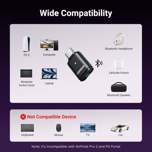 UGREEN USB C Bluetooth Adapter for PS5 - Bluetooth 5.3 Audio Adapter with APTX Low Latency, Plug and Play for PS5, Switch, PC, and Laptop