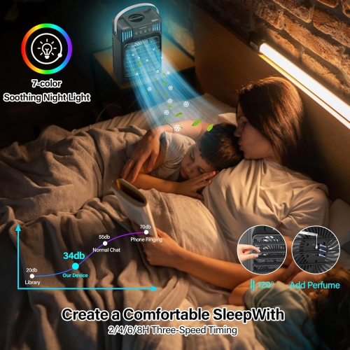 Portable Air Conditioner, LEAEYFE 3 Higher Speeds With 1200ml Extra Large Water Tank, 7 Color Lights 2/8 Hour Timer, 120° OscillatingCooling Fan For