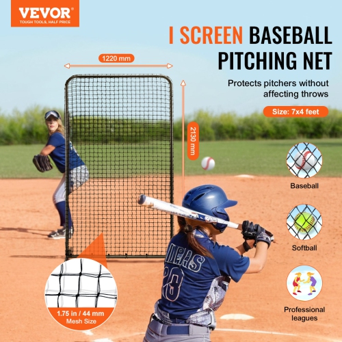 VEVOR 7x4 ft I Screen Baseball for Batting Cage, Baseball Softball Safety Screen, Body Protector Portable Batting Screen with Carry Bag & Ground
