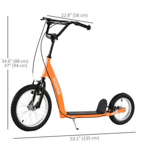Trottinette Aosom pour enfants de 5 ans et plus, trottinette pour enfants avec guidon réglable, deux freins avant et arrière, roues gonflables, orange