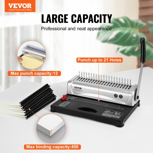 VEVOR 21-Holes Binding Machine, Comb Binding Machine Binding 450 Sheets, Book Binder Machine with 100 PCS 3/8'' Comb Binding Spines, for A4, A5