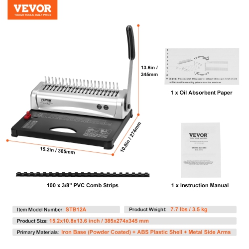 VEVOR 21-Holes Binding Machine, Comb Binding Machine Binding 450 Sheets, Book Binder Machine with 100 PCS 3/8'' Comb Binding Spines, for A4, A5