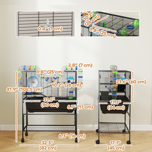 PawHut Large Hamster Cage with 7" Deep Tray, 3 Tier Rolling Gerbil Cage with Storage Shelf, Big Exercise Wheel, Tube System, Hut, Platforms, Ramps,