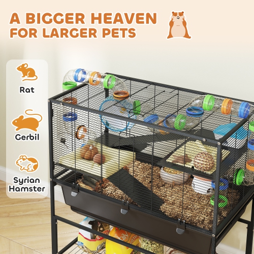 PawHut Large Hamster Cage with 7" Deep Tray, 3 Tier Rolling Gerbil Cage with Storage Shelf, Big Exercise Wheel, Tube System, Hut, Platforms, Ramps,