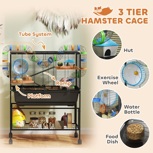 PawHut Large Hamster Cage with 7" Deep Tray, 3 Tier Rolling Gerbil Cage with Storage Shelf, Big Exercise Wheel, Tube System, Hut, Platforms, Ramps,