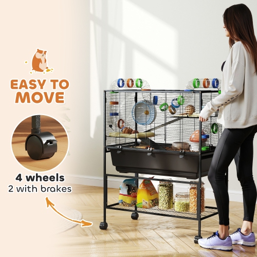 PawHut Large Hamster Cage with 7" Deep Tray, 3 Tier Rolling Gerbil Cage with Storage Shelf, Big Exercise Wheel, Tube System, Hut, Platforms, Ramps,