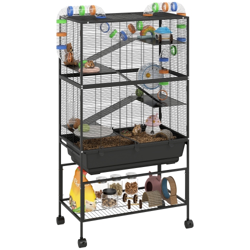 PawHut Large Hamster Cage with 7" Deep Tray, 5 Tier Rolling Gerbil Cage with Storage Shelf, Big Exercise Wheel, Tube System, Hut, Platforms, Ramps,