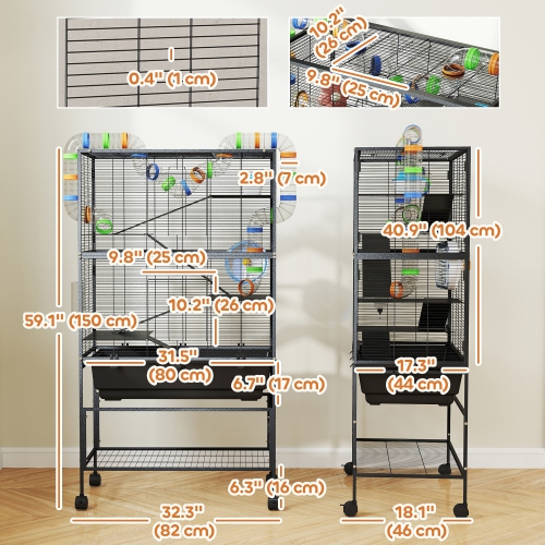 PawHut Large Hamster Cage with 7" Deep Tray, 5 Tier Rolling Gerbil Cage with Storage Shelf, Big Exercise Wheel, Tube System, Hut, Platforms, Ramps,