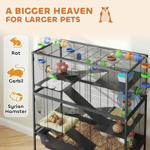 PawHut Large Hamster Cage with 7" Deep Tray, 5 Tier Rolling Gerbil Cage with Storage Shelf, Big Exercise Wheel, Tube System, Hut, Platforms, Ramps,