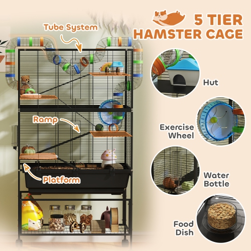 PawHut Large Hamster Cage with 7" Deep Tray, 5 Tier Rolling Gerbil Cage with Storage Shelf, Big Exercise Wheel, Tube System, Hut, Platforms, Ramps,