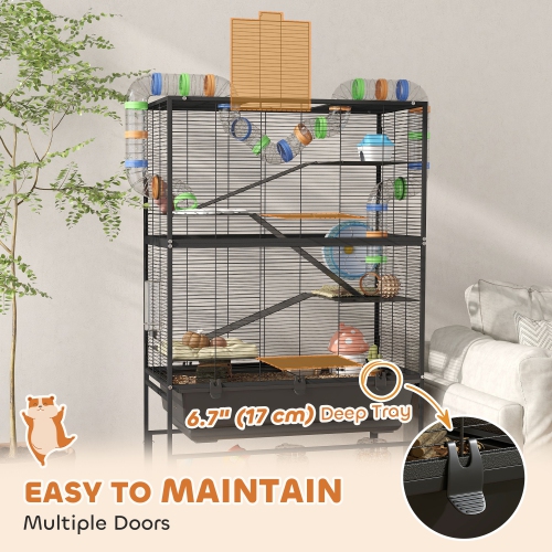 PawHut Large Hamster Cage with 7" Deep Tray, 5 Tier Rolling Gerbil Cage with Storage Shelf, Big Exercise Wheel, Tube System, Hut, Platforms, Ramps,