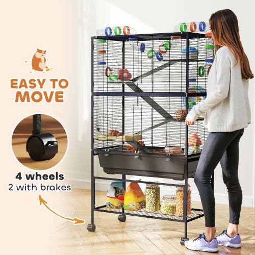 PawHut Large Hamster Cage with 7" Deep Tray, 5 Tier Rolling Gerbil Cage with Storage Shelf, Big Exercise Wheel, Tube System, Hut, Platforms, Ramps,