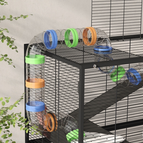 PawHut Large Hamster Cage with 7" Deep Tray, 5 Tier Rolling Gerbil Cage with Storage Shelf, Big Exercise Wheel, Tube System, Hut, Platforms, Ramps,