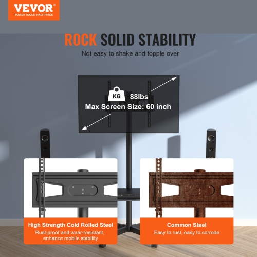 VEVOR 23 to 60 inch Mobile TV Stand, Mobile TV Cart, Height Adjustable Portable TV Stand with Wheels, with A Tray for Audio-Visual Devices, Rolling