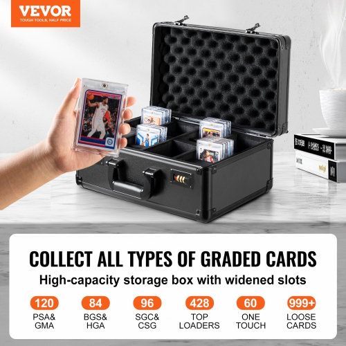 VEVOR 4 Slots Graded Card Storage Box, Graded Sports Cards Holder Carrying Case, for 120 PSA Graded Cards 84 BGS Cards 96 SGC Cards 428 Top Loaders