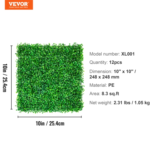 VEVOR 12PCS 10x10 inch Artificial Boxwood Panels, Boxwood Hedge Wall Mat,Artificial Grass Backdrop Wall, Privacy Hedge Screen UV Protected for