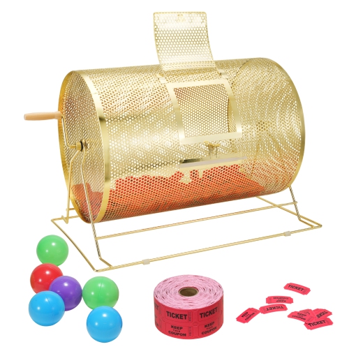 VEVOR 14.8 x Ø21.26 inch Raffle Drum,Holds 10000 Tickets or 300 Ping Pong Balls, Metal Lottery Spinning Drawing with Wooden Turning Handle, Brass