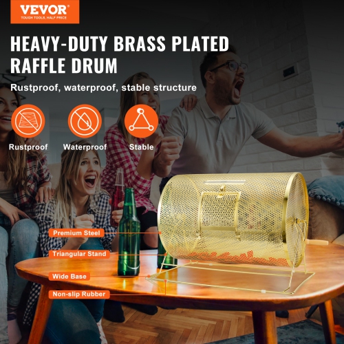 VEVOR 14.8 x Ø21.26 inch Raffle Drum,Holds 10000 Tickets or 300 Ping Pong Balls, Metal Lottery Spinning Drawing with Wooden Turning Handle, Brass