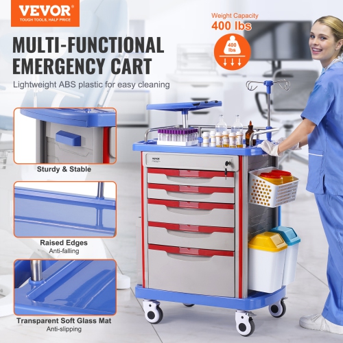 VEVOR 5 Tiers Lab Carts, Lab Utility Cart with 5 Drawers & 4 Silent Wheels, Mobile Medical Cart with PP Material, Lab Rolling Cart with 2 Trash Cans