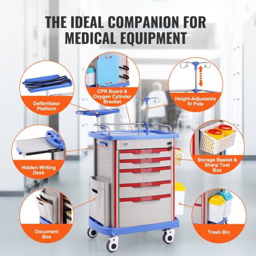 VEVOR 5 Tiers Lab Carts, Lab Utility Cart with 5 Drawers & 4 Silent Wheels, Mobile Medical Cart with PP Material, Lab Rolling Cart with 2 Trash Cans