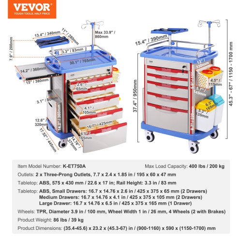VEVOR 5 Tiers Lab Carts, Lab Utility Cart with 5 Drawers & 4 Silent Wheels, Mobile Medical Cart with PP Material, Lab Rolling Cart with 2 Trash Cans