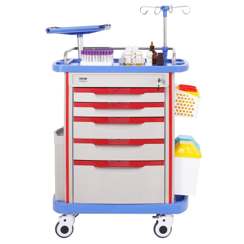 VEVOR 5 Tiers Lab Carts, Lab Utility Cart with 5 Drawers & 4 Silent Wheels, Mobile Medical Cart with PP Material, Lab Rolling Cart with 2 Trash Cans