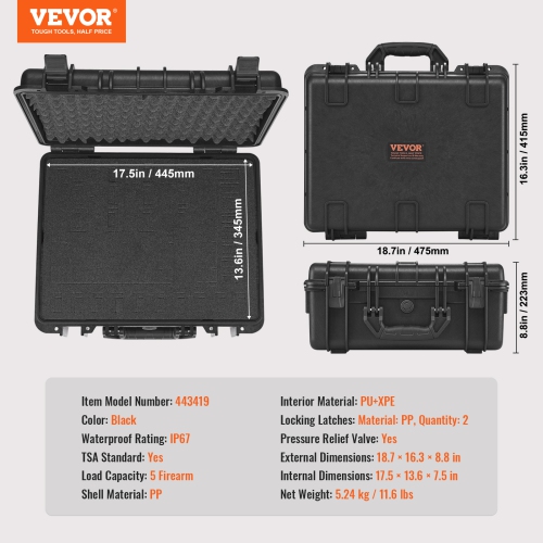 VEVOR 18.9×16.3×8.5 in Hard Pistol Cases with Pre-cut Lining, Waterproof & Dustproof Hard Gun Case for 5 Pistol, Lockable Pistol Case, Black