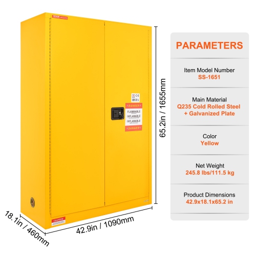 VEVOR 45 Gal Flammable Safety Cabinet, Cold-Rolled Steel Flammable Liquid Storage Cabinet, 42.9 x 18.1 x 65.2 in Explosion Proof with 2 Adjustable