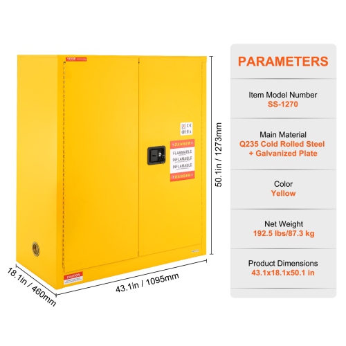 VEVOR 34 Gal Flammable Storage Cabinet, 43.1x18.1x50.1 inch Cold-Rolled Steel Flammable Liquid Storage Cabinet Explosion Proof with 1 Adjustable