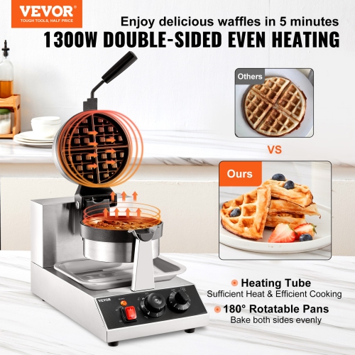 VEVOR Commercial Waffle Maker, 1 Piece per Batch, Non-Stick 1300W Round Waffle Iron, with 122-572℉ / 50-300℃ Temp Range Teflon-Coated Baking Pans