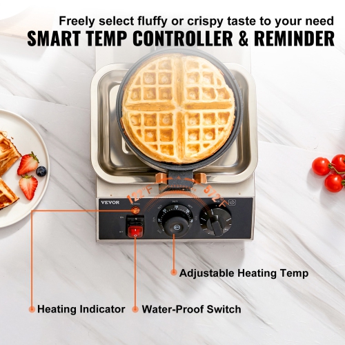 VEVOR Commercial Waffle Maker, 1 Piece per Batch, Non-Stick 1300W Round Waffle Iron, with 122-572℉ / 50-300℃ Temp Range Teflon-Coated Baking Pans