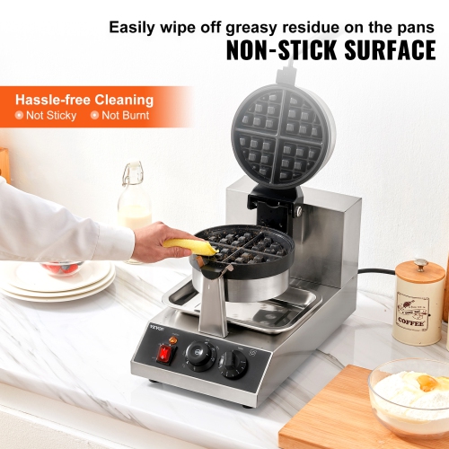 VEVOR Commercial Waffle Maker, 1 Piece per Batch, Non-Stick 1300W Round Waffle Iron, with 122-572℉ / 50-300℃ Temp Range Teflon-Coated Baking Pans