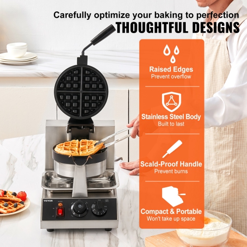 VEVOR Commercial Waffle Maker, 1 Piece per Batch, Non-Stick 1300W Round Waffle Iron, with 122-572℉ / 50-300℃ Temp Range Teflon-Coated Baking Pans