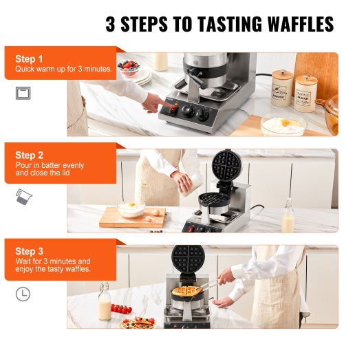 VEVOR Commercial Waffle Maker, 1 Piece per Batch, Non-Stick 1300W Round Waffle Iron, with 122-572℉ / 50-300℃ Temp Range Teflon-Coated Baking Pans