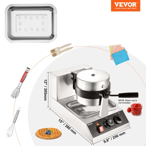 VEVOR Commercial Waffle Maker, 1 Piece per Batch, Non-Stick 1300W Round Waffle Iron, with 122-572℉ / 50-300℃ Temp Range Teflon-Coated Baking Pans