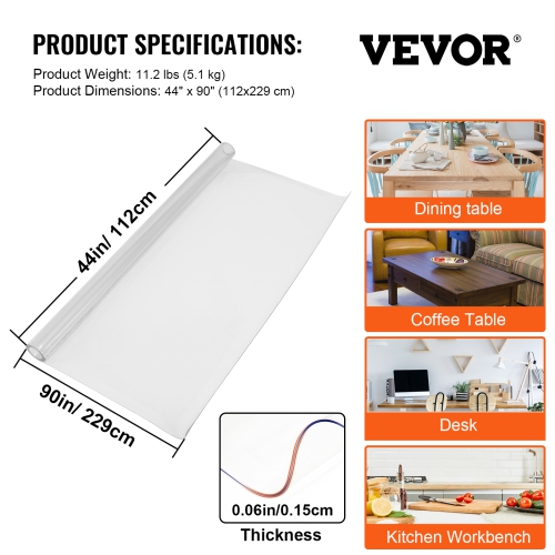 VEVOR 44"x90"x0.06" Plastic Table Cover, Transparent PVC Table Protector, Rectangle Clear Desk Mat, Water Oil Proof Table Cover for Dining Table