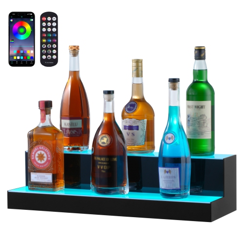 VEVOR  2 Tiers Led Lighted Liquor Bottle Display, 24 Inch Commercial Illuminated Bar Shelf, 2 Steps Acrylic Whiskey Rack Stand, \w Rf Remote & App