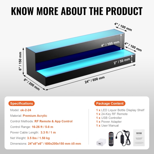 VEVOR 2 Tiers LED Lighted Liquor Bottle Display, 24 Inch Commercial Illuminated Bar Shelf, 2 Steps Acrylic Whiskey Rack Stand, with RF Remote & App